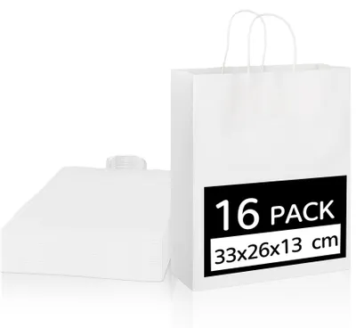 Zdjęcie produktu dla Białe torby papierowe z kraftu, 33x26x13 cm, 16 sztuk, z uchwytami, idealne na prezenty