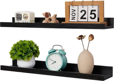 Image de Étagère murale de 40 cm, en bois massif, de couleur noire, pour la décoration