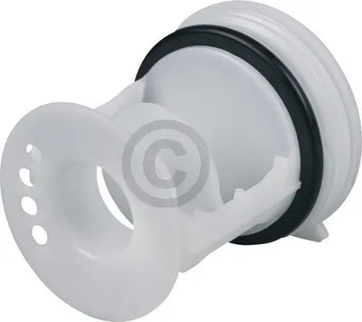A white plastic washing machine drain pump filter with a black rubber seal.