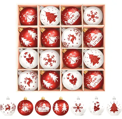 Weihnachtskugeln 16er Set, 6 cm, rot-weiß, unzerbrechlich