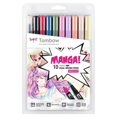 Obrázok produktu pre Tombow ABT-10C-MANGA2, Jemný/stredný, 10 farba/farieb, Čierna, Modrá, Zelená, Šedá, Oranžová, Ružová, Žltá, Guličkový a štetcový hrot, Viacfarebný, Kolo