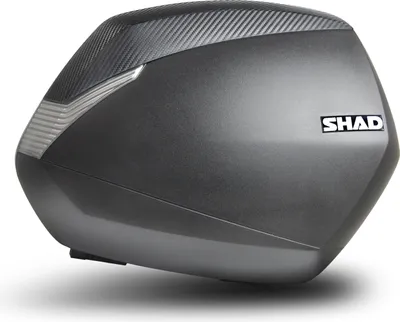A single motorcycle side case with a carbon fiber accent and a SHAD logo.