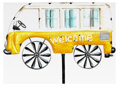 Produktbild von Gartenstecker Metall Bus Auto XL 160 cm Gelb Weiß Windspiel Willkommen Windrad Wetterfest Gartendeko Gartenstab Bodenstecker Mini Van