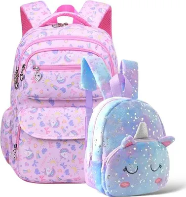 Produktbild von Schultasche mit Einhörnern 2 Stück Set - Rosa Lila - Mädchen Rucksack - Samt Einhorn Schulrucksack für Kinder - Silberner Sternendruck - 20 L und 6 L Taschen Set für Kinder