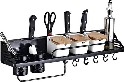 Produktbild von Gewürzregal mit 10 Haken 80CM Küchenregal Küchen Wandregal Wand Küchenablage (Schwarz)