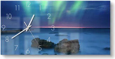 Produktbild von DEQORI Glasuhr 60x30 cm Zahlen 'Polarlicht über Felsküste' Wanduhr Glas Uhr Design leise