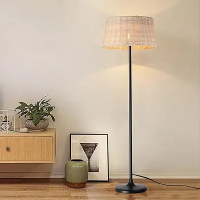 Image de Lampadaire "SERENA" en bambou tressé naturel fabriqué à la main, avec interrupteur à cordon et culot E27 pour le salon et la chambre à coucher