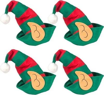 Imagen del producto de Uniqoos®: Juego de 4 gorros navideños a rayas rojas y verdes, hechos de tela no tejida, con orejas y pompón de felpa. Ideales como gorros de elfos y de Papá Noel para adultos y niños