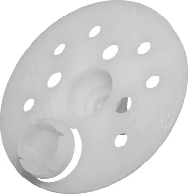 A white plastic disc with multiple holes and a central hub.