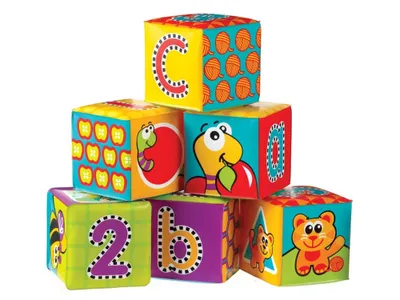 A pyramid of colorful alphabet and number blocks stacked on a white background.