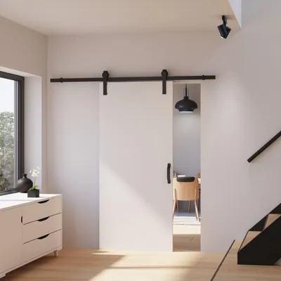 Produktbild von inova Holzschiebetür 900 x 2065 mm, Weiß, Komplettset mit offener Laufschiene in Schwarz, ohne Softclose