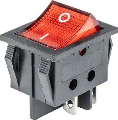 A close-up, angled view of a red and black electrical rocker switch.