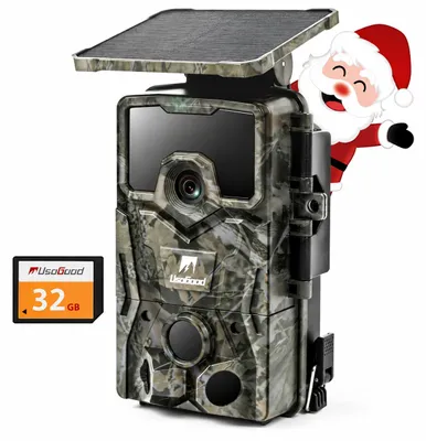 Zdjęcie produktu dla Usogood, kamera solarowa 4K do obserwacji przyrody, 48 MP, z funkcją nocnej obserwacji, czujnikiem ruchu, kątem widzenia 120°, czasem reakcji 0,3 sekundy, kartą TF 32 GB, wodoszczelna (IP66)