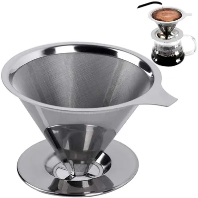 A stainless steel pour-over coffee filter cone.
