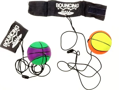 Produktbild von 2er Set Springball/Returnball/Flummi Ø6,3cm Armband & Schnur, Safety Clip, Fußball/Basketball/Tennisball/Baseball