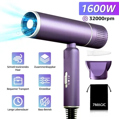 Produktbild von 7 Magic Föhn Fön mit einzigartigem 32,000RPM Bürstenlosem Geräuscharm Motor, 1600W Luftstrom für Schnelle Trocknung, Innovativer Mikrofilter(Lila)