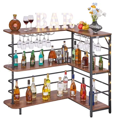 Produktbild von L-förmige Hausbar - Bartheke Eck-Bartresen - Mit Stauraum - 3 Ebenen - Weinglashalter - 99,8 kg Tragkraft - Holzwerkstoff - 120 x 90 x 109,5 cm