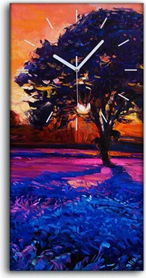 Produktbild von Wohnzimmer-Bild Leinwand Uhr 30x60 Gemälde Wiese Blumen Baum Sonnenuntergang - weiße Hände