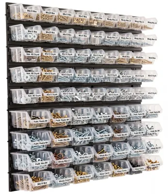 Produktbild von Werkstatt-Wandregal mit 73 transparenten Sortierboxen, Aufbewahrungssystem für Schrauben, Muttern und Kleinteile, Kunststoff, 78 x 78 cm, Boxen Tragkraft bis 40 kg, für Garage, Lager und Werkstatt