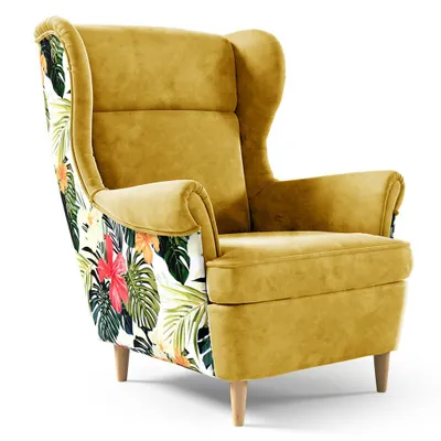 Obrázek produktu pro HAVANA Print křídlové křeslo - skandinávské lehátko s vysokým opěradlem, moderní design, žlutá barva, bukové nohy