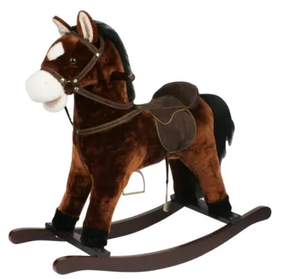 Image de Cheval à bascule en peluche marron, hauteur 71 cm, charge maximale 50 kg, dans un carton de 62 x 56 x 19 cm
