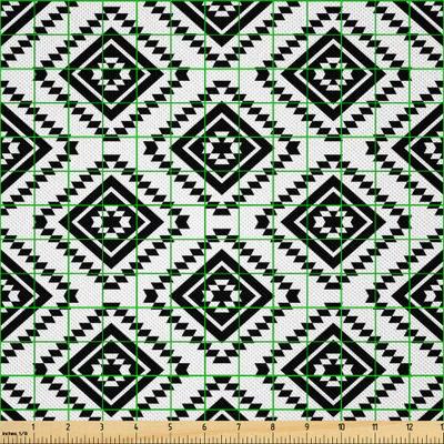 Produktbild von ABAKUHAUS Geometrisch Satin Stoff als Meterware, Stammes-Muster aztekische Zivilisation inspiriert Digital Artwork Monochrome Americas, 5 M (148 x 500 cm), Weiß Schwarz