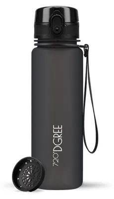 A black water bottle with a black lid and a black strainer accessory shown next to it.