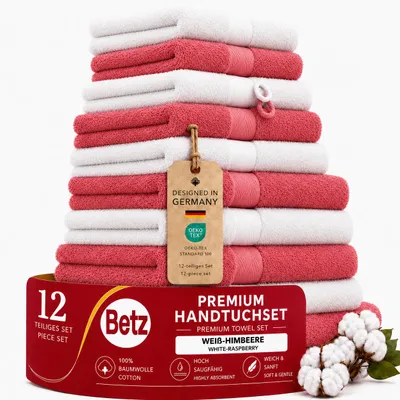 Produktbild von Betz 12-tlg. Handtuch-Set PREMIUM 2 Duschtücher 4 Handtücher 2 Gästetücher 2 Seiftücher 2 Waschhandschuhe Farbe: weiss / himbeere, KI-generiertes Bild