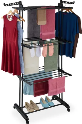 Immagine prodotto di Stendibiancheria a torre Relaxdays, bracci estraibili, L x P x A: 179 x 126 x 63,5 cm, metallo, stendibiancheria a torre con rotelle, nero