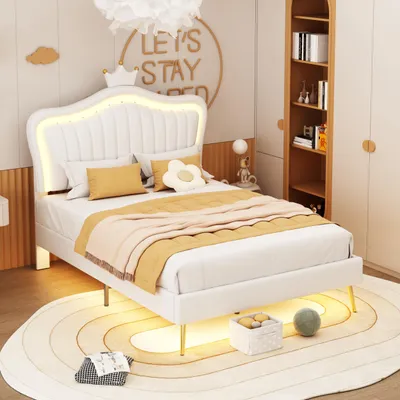Image de OKWISH Lit simple 90x200 cm - Lit capitonné avec LED - Blanc