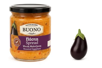 Produktbild von BUONO Griechische Auberginenpaste 200 g – Brotaufstrich aus Gerösteten Auberginen, Paprika & Tomaten, 100 % Natürlich
