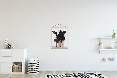Produktbild von MuchoWow® Textilposter Kuh - Weiß - Tiere - Schwarz 60x80 cm mit holzfarbenen Rahmen - Wandbild