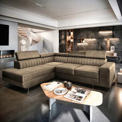A luxurious and modern living room with a large sectional sofa and a spiral staircase in the background.