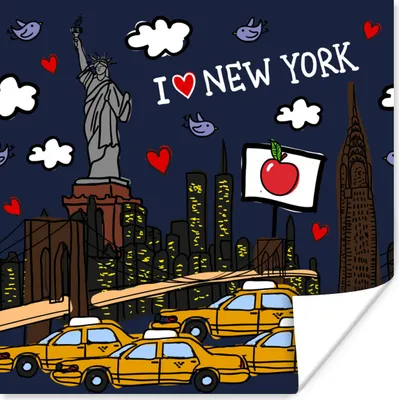 Produktbild von MuchoWow® Poster New York - Zeichnung - Gelb 100x100 cm - Babyzimmer