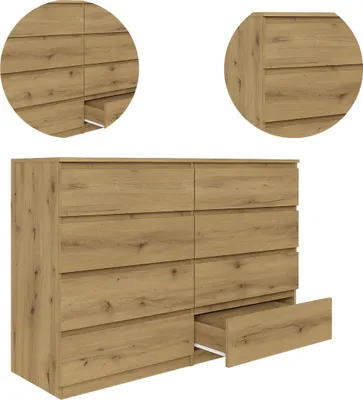 Zdjęcie produktu dla YUMEBLY | Komoda BASIC z 8 szufladami 140x97x40 cm – duża komoda do salonu, sypialni i biura | Dąb Artisan