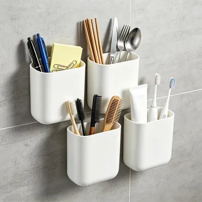 Produktbild von Zahnputzbecherhalter 4er Set ohne Bohren Wandmontage ABS Weiß 9x5.5x10cm