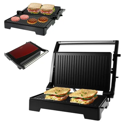 Produktbild von Kontaktgrill Tischgrill, Panini & Sandwich Maker, doppelte Grillplatten, geöffnete 180° Kontakt-Grill, 1000 W, antihaftbeschichtet, Edelstahlgehäuse