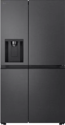A dark gray LG refrigerator with a water dispenser on the left door.