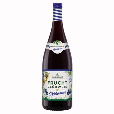 A bottle of blueberry mulled wine against a white background.