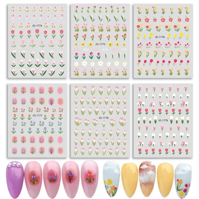 Image de 6 feuilles de fleurs de tulipes autocollantes pour ongles, autocollant 3D autocollant pour ongles French Hollow Nail Art Design manucure DIY décoration d'ongles pour les ongles acryliques