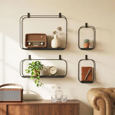 Produktbild von 4er Set Wandregale Industrie-Design - Geometrische Hängeregale aus Metall & MDF - Schweberegale Schwarz für Wohnzimmer & Schlafzimmer