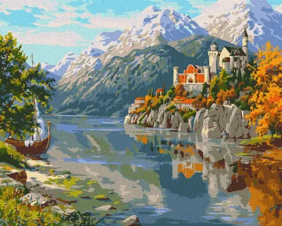 Obrázok produktu pre Maľba podľa čísiel s rámom Obrazy na maľovanie - Hrad v horách 50x40 cm