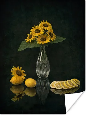 Produktbild von MuchoWow® Poster Gemälde - Vase - Sonnenblumen - Stillleben - Zitrone - Blumen - Kunst 90x120 cm - Wohnzimmer
