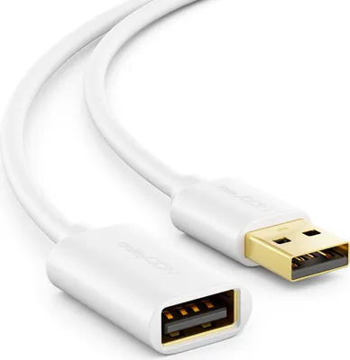 A white USB 2.0 extension cable with gold-plated connectors is shown against a white background.