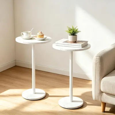 Runde Beistelltische mit Marmorsockel, 2er-Set, 32 cm, Weiß