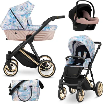Produktbild von Kunert Ivento Premium 3in1 Kinderwagen in Pink/Bunt mit Goldrahmen und Pastellgrünem Design