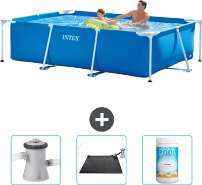 Produktbild von Intex-Schwimmbecken mit rechteckigem Rahmen – 260 x 160 x 65 cm – Blau – im Lieferumfang enthalten Filterpumpe für Schwimmbad - Solarmatte - Chlor
