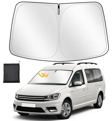 Immagine prodotto di Parasole per auto, personalizzato per il parabrezza di VW Caddy dal 2003 al 2020, realizzato in poliestere spesso e riflettente, con protezione UV