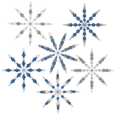Image de Kit de création : 6 étoiles en perles, comprenant environ 500 perles de couleur bleu, blanc et argent