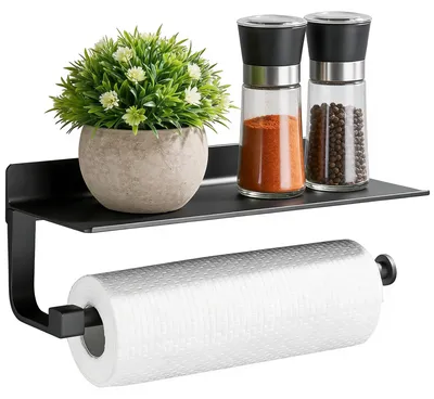 Produktbild von Bohrfreier Küchenrollenhalter mit Ablagefach, Papierrollenhalter, Metall, schwarz